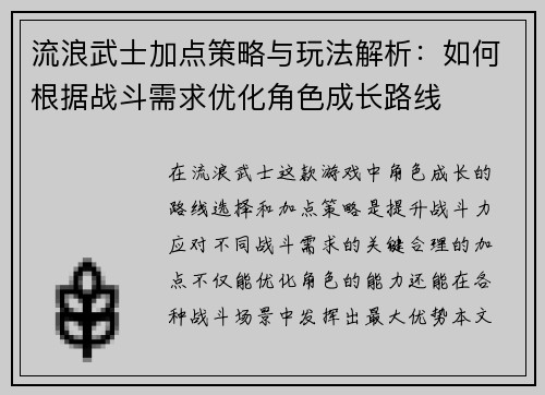 流浪武士加点策略与玩法解析：如何根据战斗需求优化角色成长路线